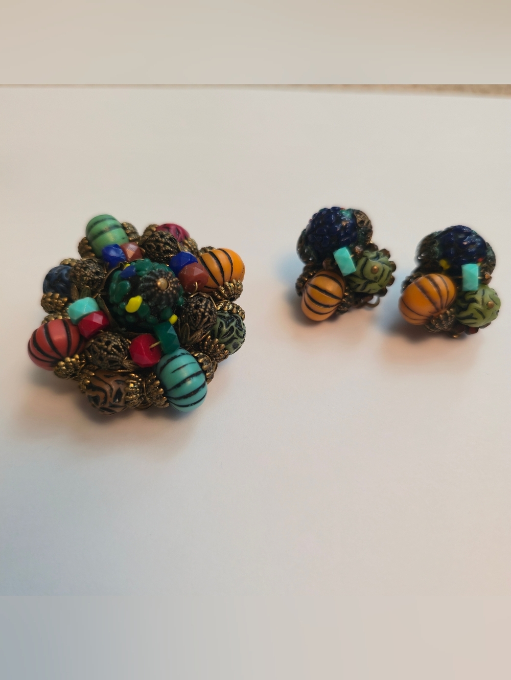 Vintage Gold West Germany Art Lamp work Glass Clip Earings & Brooch Pin